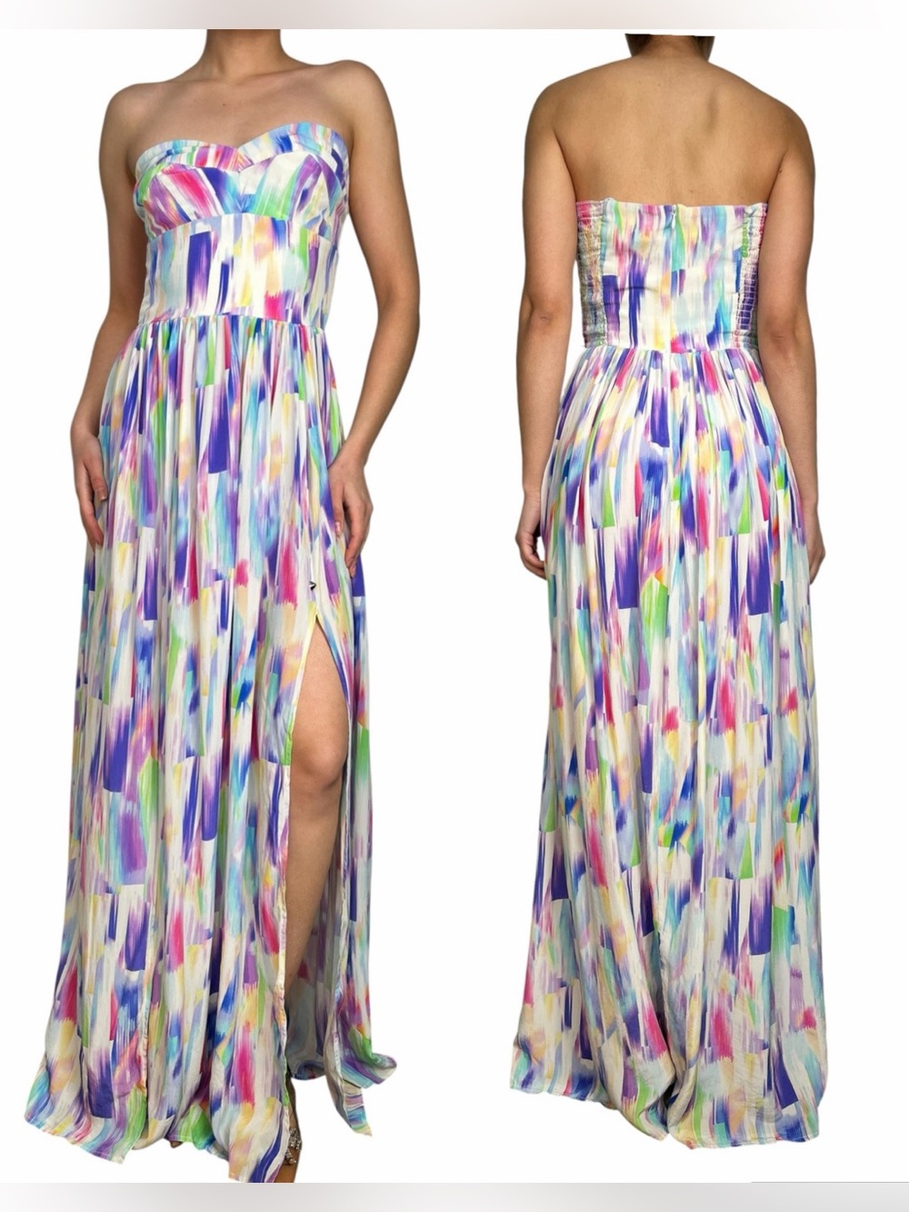 AMANDA UPRICHARD Strapless SILK Pastel Multicolored Flowy Maxi Dress S